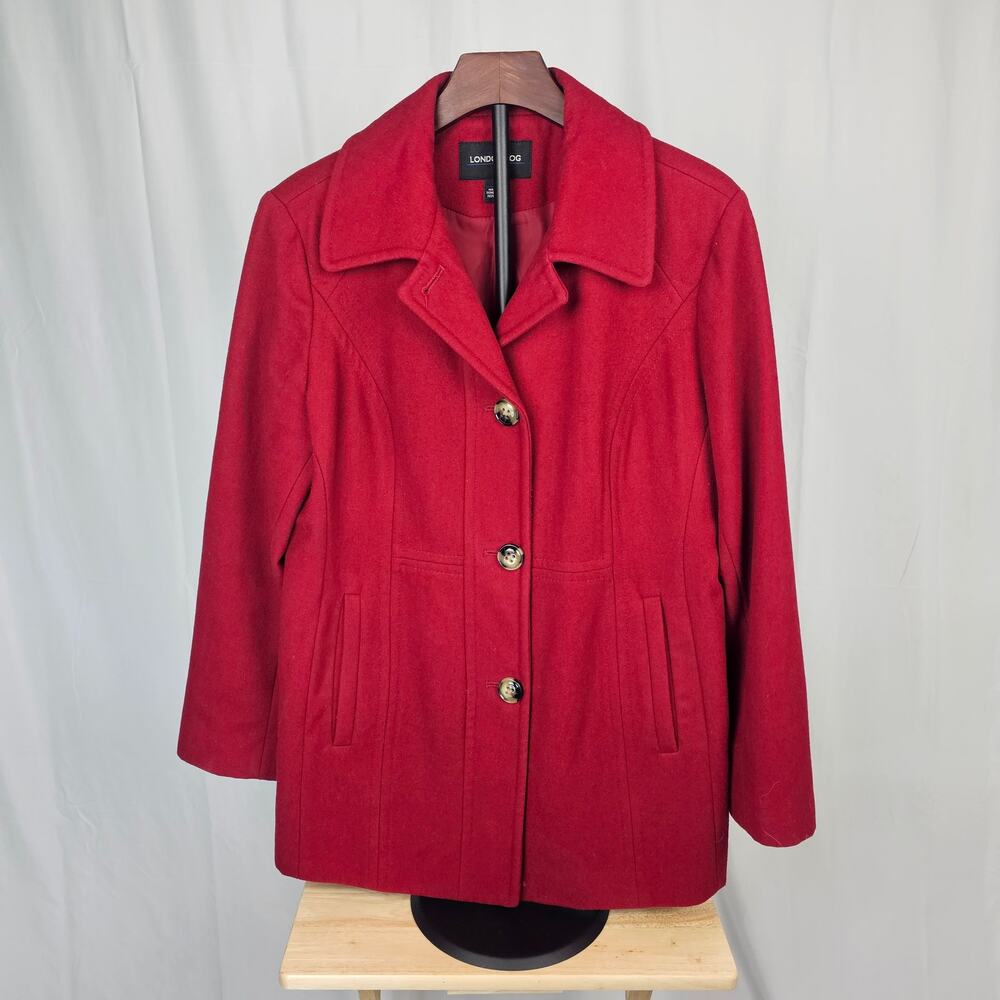 London Fog Women's Red Pea Coat Wool Blend Size L Vintage Style